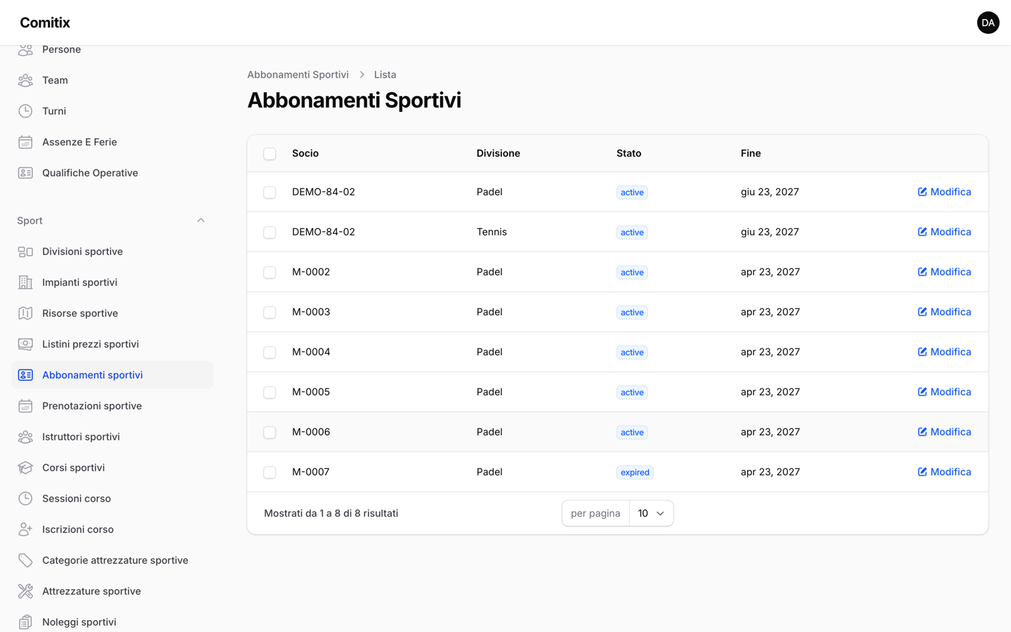 Elenco tesseramenti nel pannello Comitix
